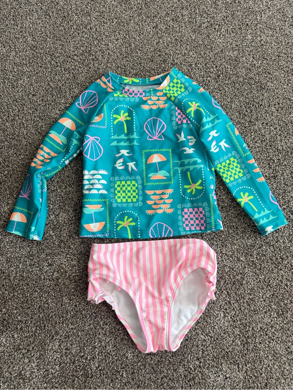 Cat & Jack Teal Long-Sleeve Rash Guard with Pink Stripe Bathing Suit Toddler 3T